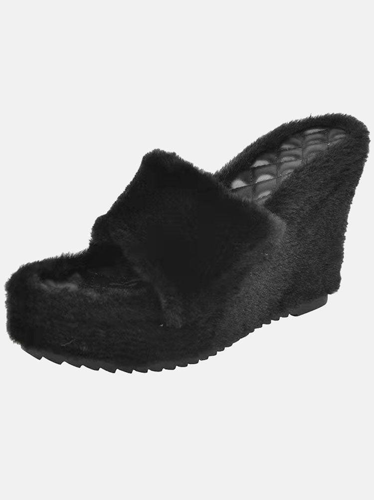 Fluffy Wedge High Heel Sandals Black / 6