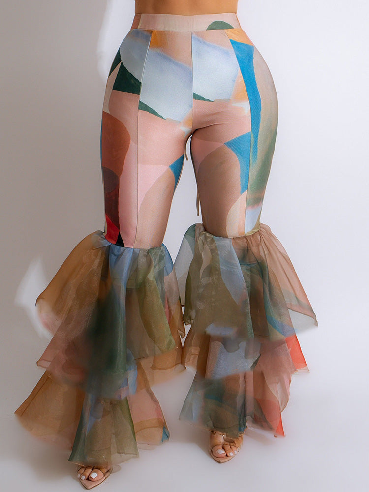 Tulle Ruffled Flare Pants Multicolor / XL