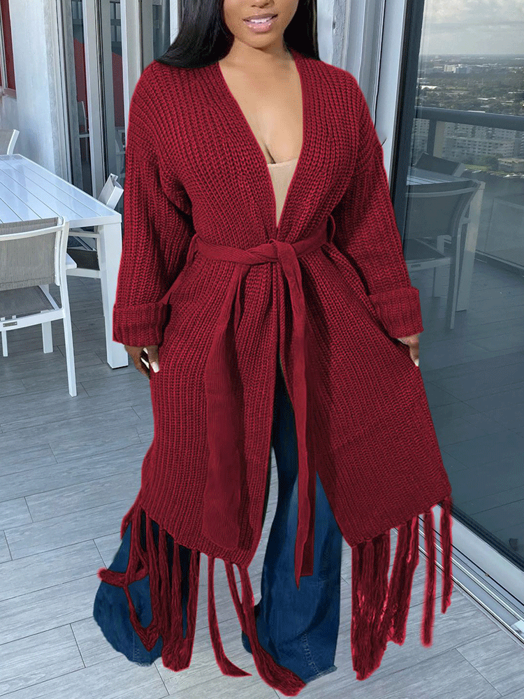 Knit Tassels With Belt Cardigan Black / XL