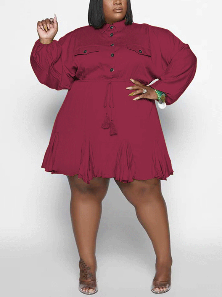 Turndown Collar Button Mini Dress Black / 5XL