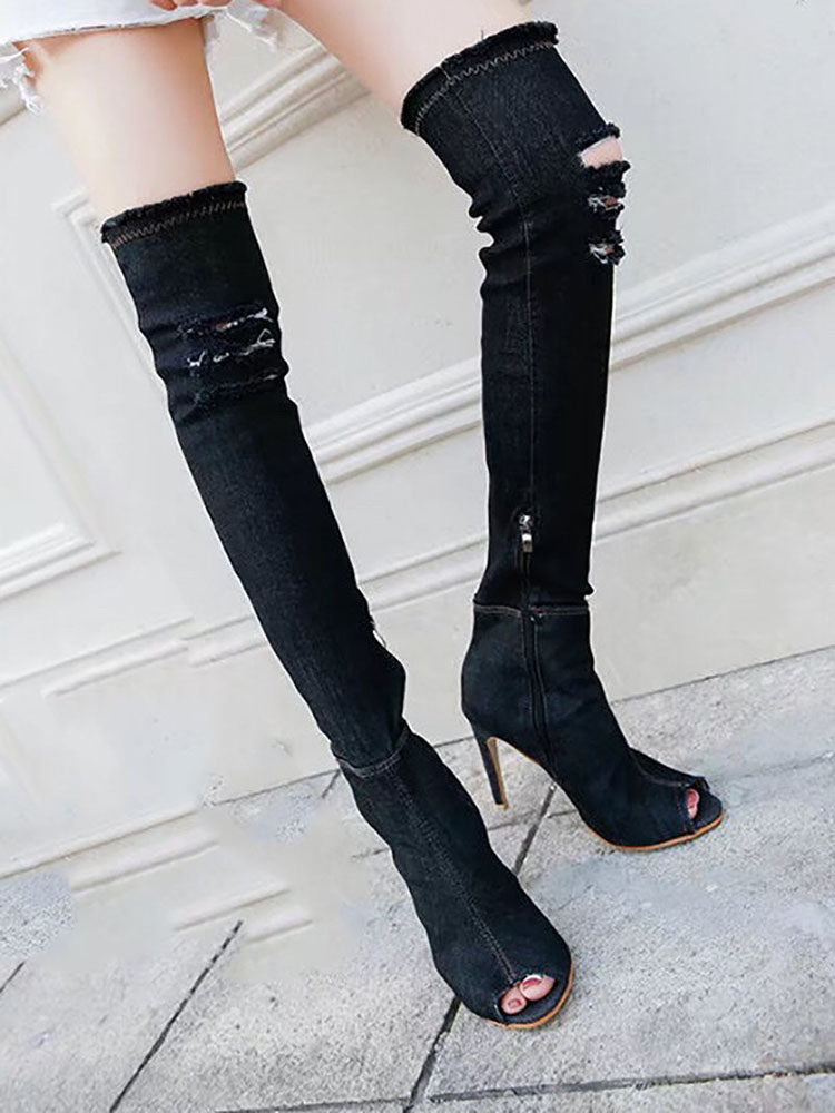 Peep Toe Over The Knee Denim Boots Black / 6.5/7