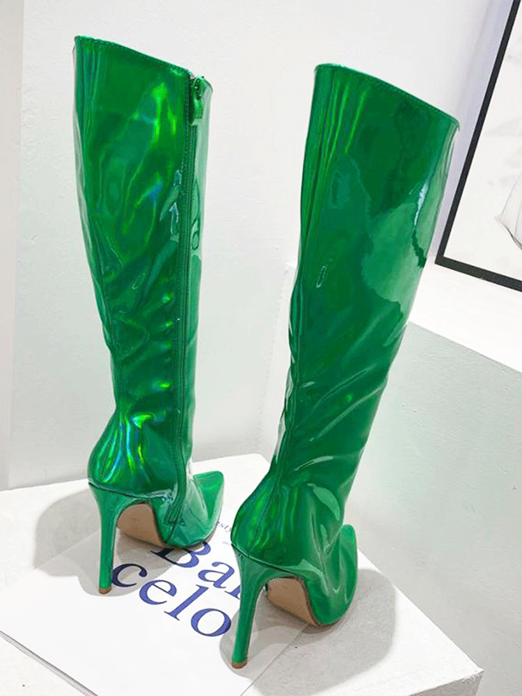 Leather Stiletto Heeled Shiny Boots Green / 5/5.5