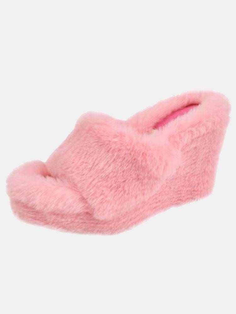 Fluffy Wedge High Heel Sandals Black / 9/9.5