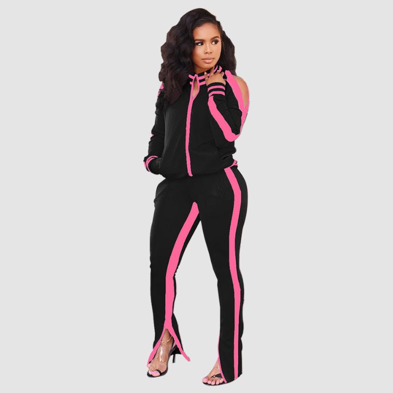 Off Shoulder Zip Top & Split Pant Set Black / 2XL