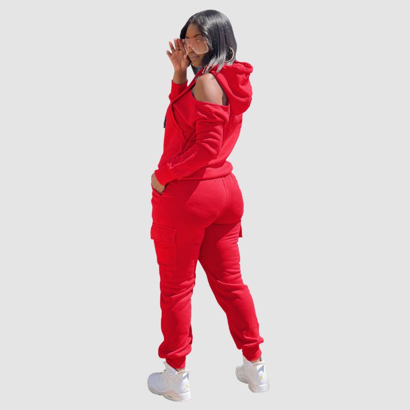 Off Shoulder Hoodies & Pocket Patchwork Pant Set Red / L
