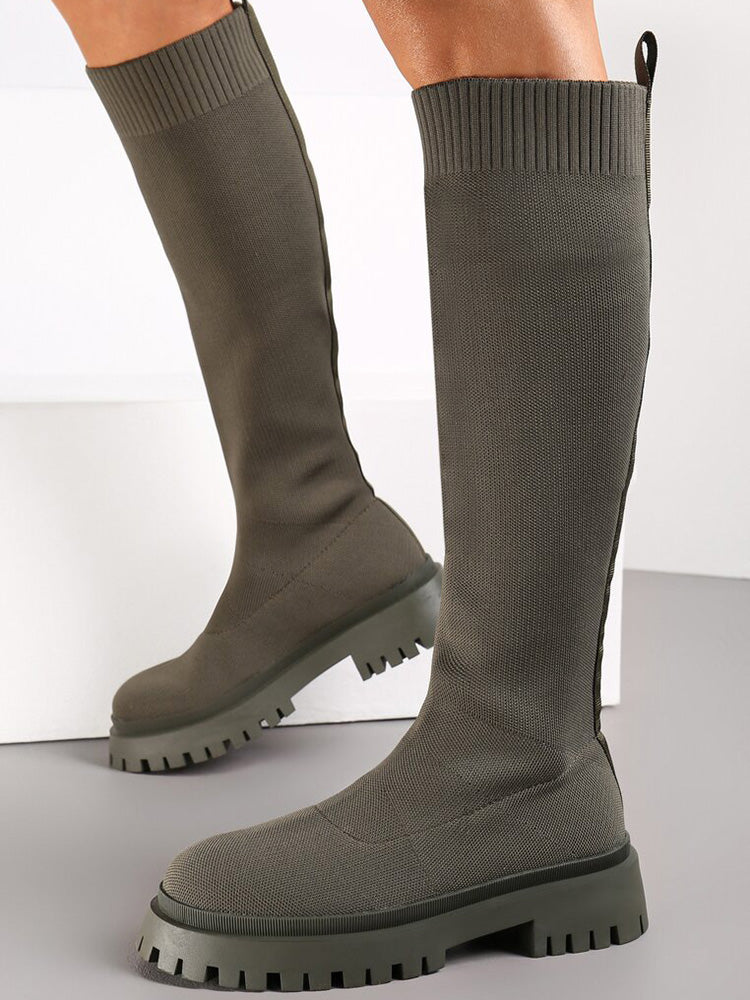 Knitted Flat Heel Sock Boots Green / 9/9.5