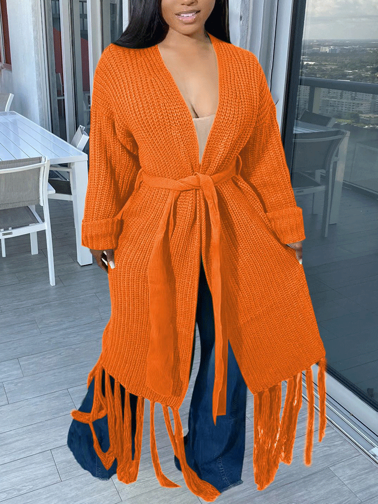 Knit Tassels With Belt Cardigan Rose / L
