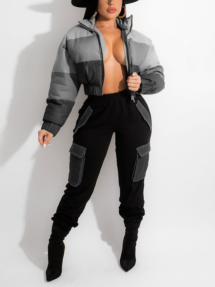 Color Block Denim Puffer Jacket Gray / L