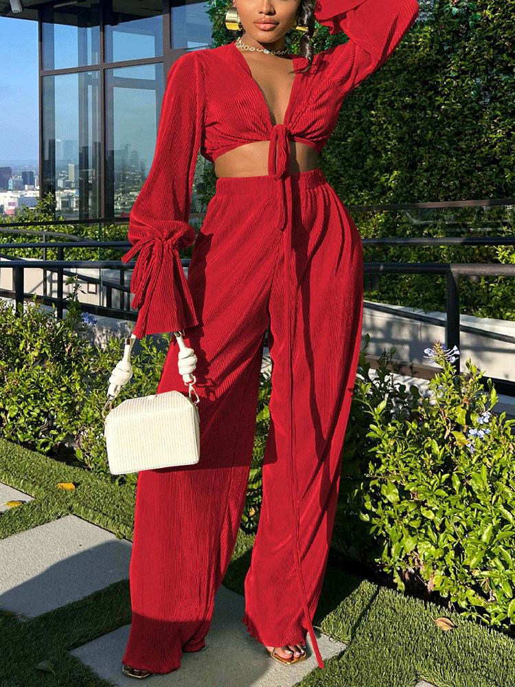 Flare Sleeve Crop Top & Wide Leg Pants Green / M
