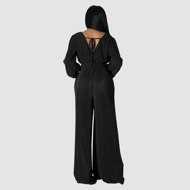 Pleated Long Sleeve Jumpsuits Black / M