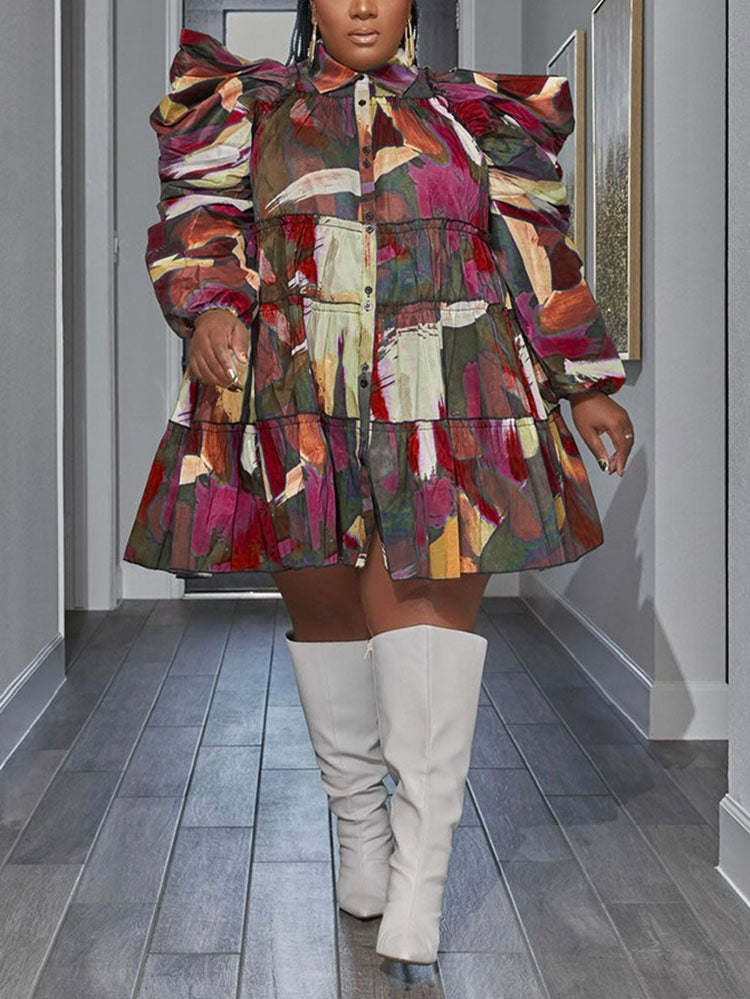 All Over Print Puff Sleeve Shirt Mini Dress Multicolor / 4XL