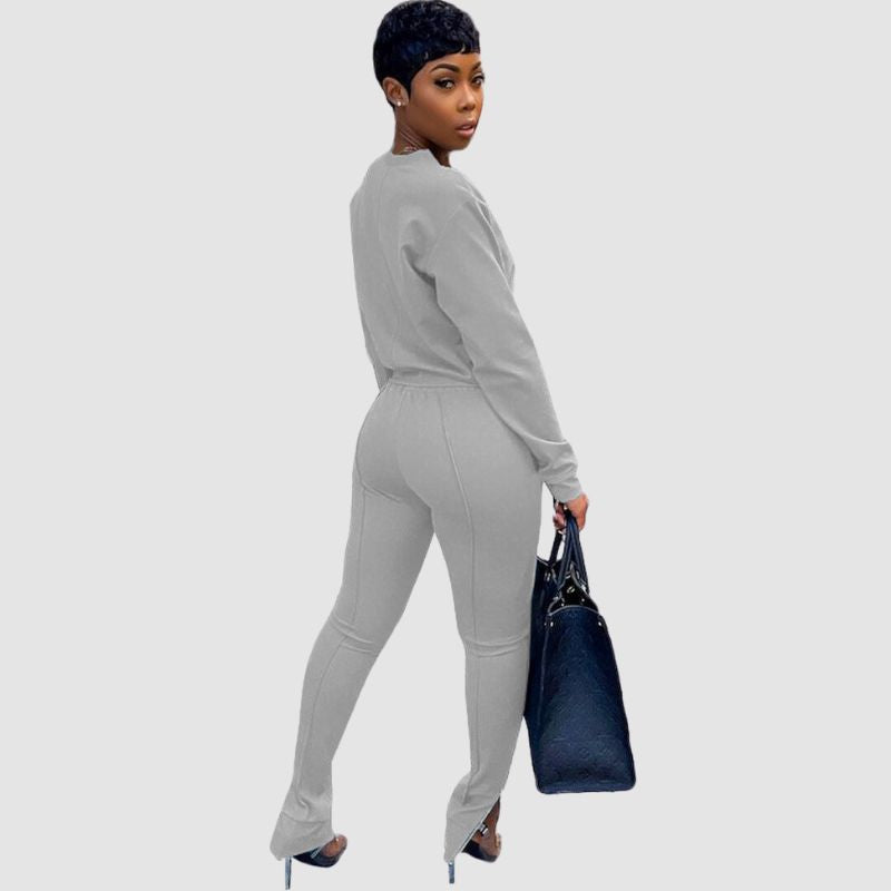 Crew Neck Top & Slit Pant Set Brown / 2XL