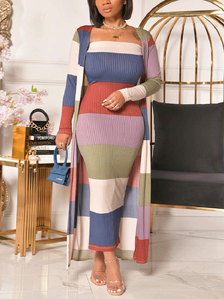 Knit Cardigan Strapless Dress Set Green / L
