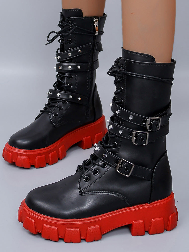 Eyelet Buckled Zipper Platform Boots Black / 9/9.5