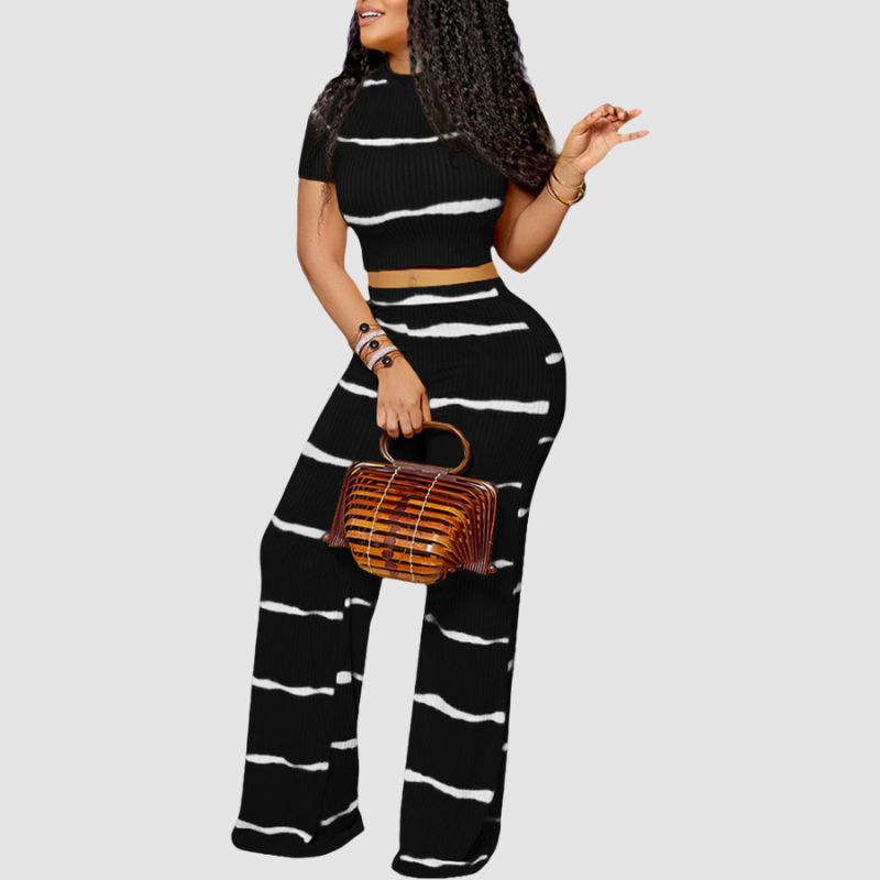 Stripe Printed Ribbed Knit Wide Leg Set Orange / 2XL