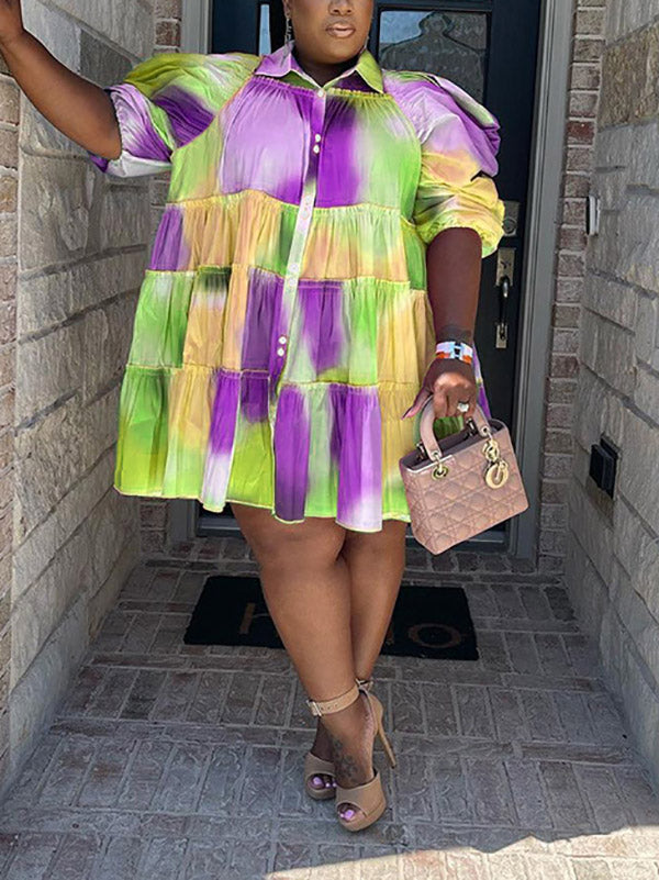 Tie Dye Ruffled Shirt Dress Purple Blue / XL