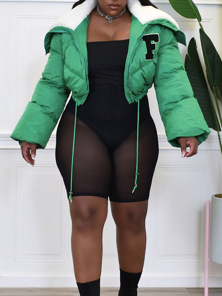 Letter Embroidery Puffer Jacket Green / L