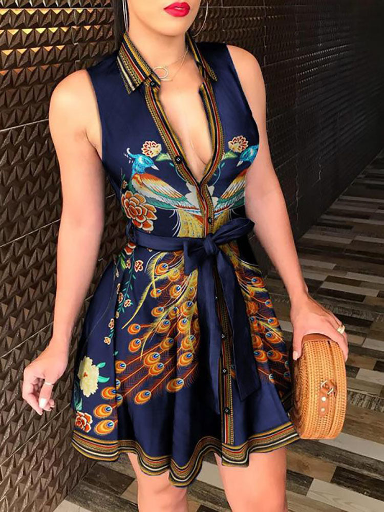 Printed V Neck Belt Dress Black Yellow / XL