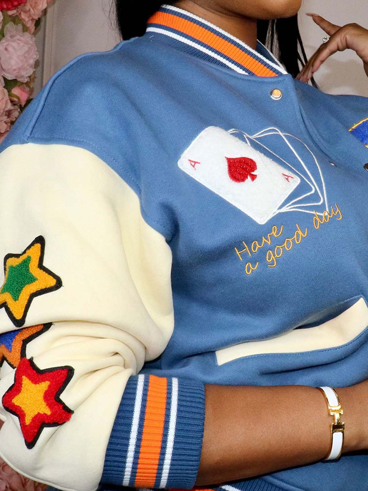 Letter Print Patchwork Jacket Blue / XL