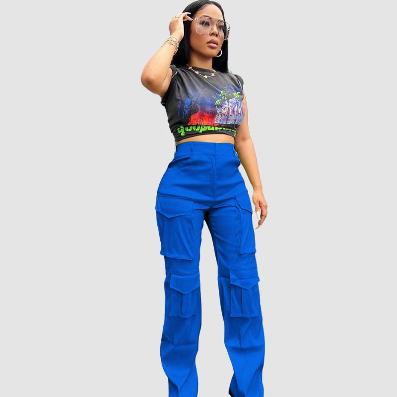 Solid Color Multi-Pocket High Waist Cargo Pants Rose / 2XL