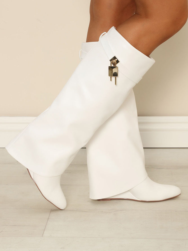 Lock & Key Leather Wedge Heel Boots White / 6.5/7