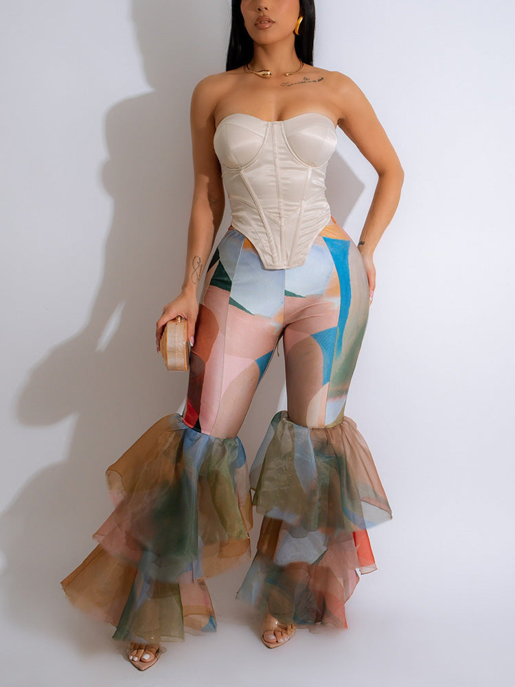 Tulle Ruffled Flare Pants Multicolor / L