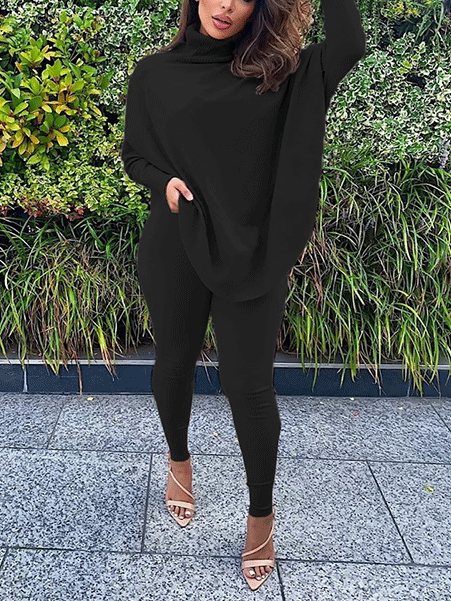 Batwing Sleeve Top & Skinny Pants Set Black / M
