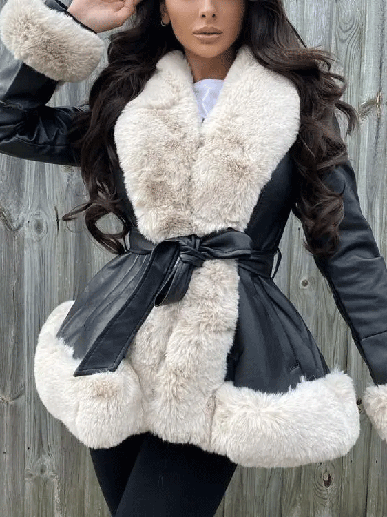Fuzzy PU Leather Jacket with Belt Beige / 4XL