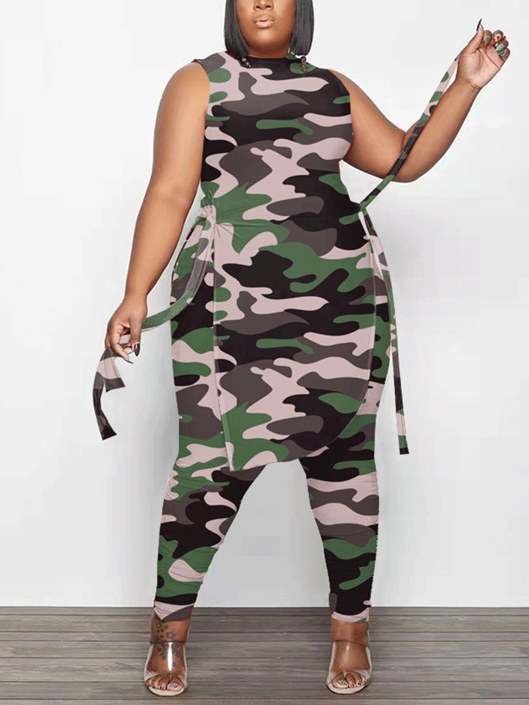 Camouflage Print Sleeveless Irregular Set Camo White / XL