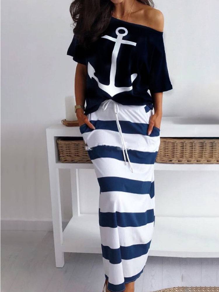 Print Off Shoulder Striped Skirt Set Blue / S