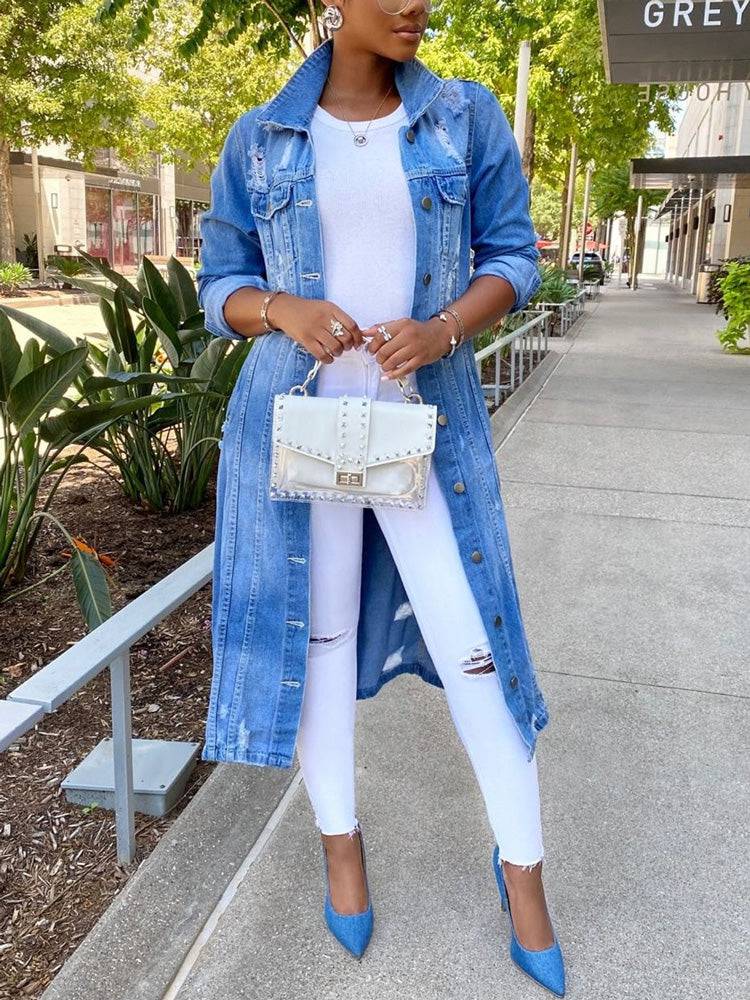 Turndown Collar Ripped Denim Coats Blue / M