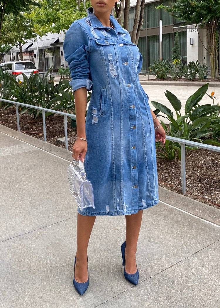 Turndown Collar Ripped Denim Coats Blue / L