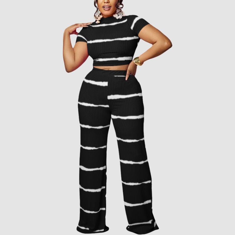 Stripe Printed Ribbed Knit Wide Leg Set Yellow / S
