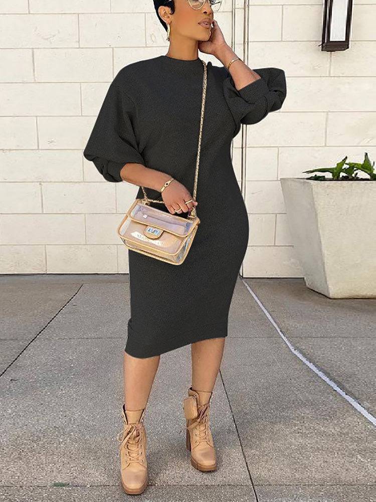 Three-Quarter Sleeve Midi Dress Black / 2XL
