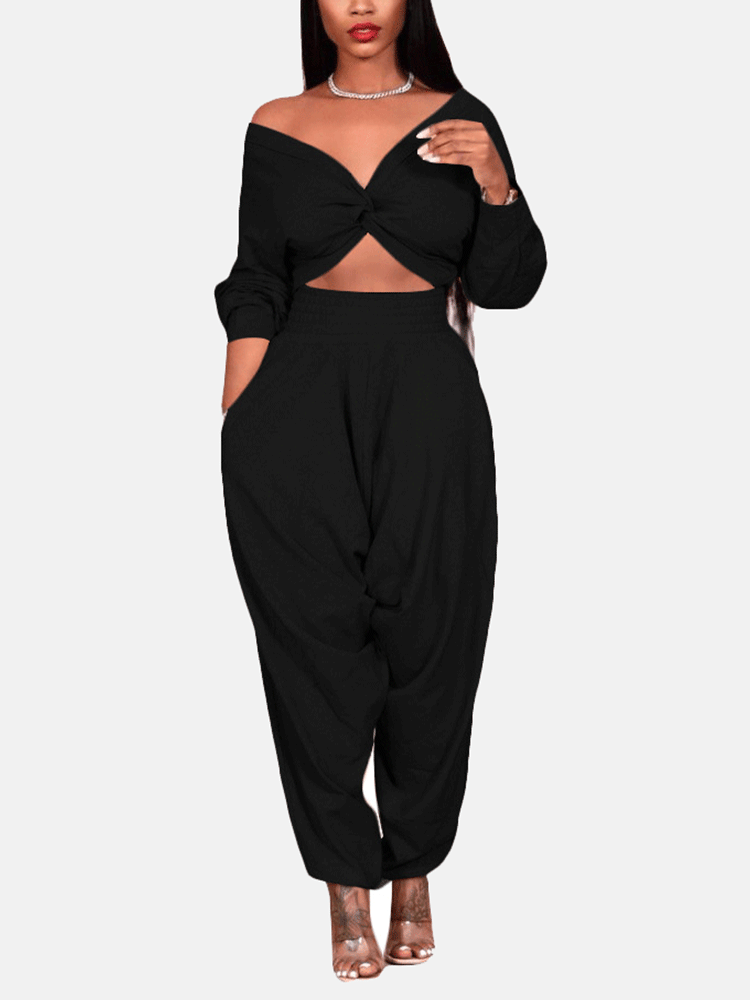 Crop Cross Top & Track Pants 2PC Set Black / M