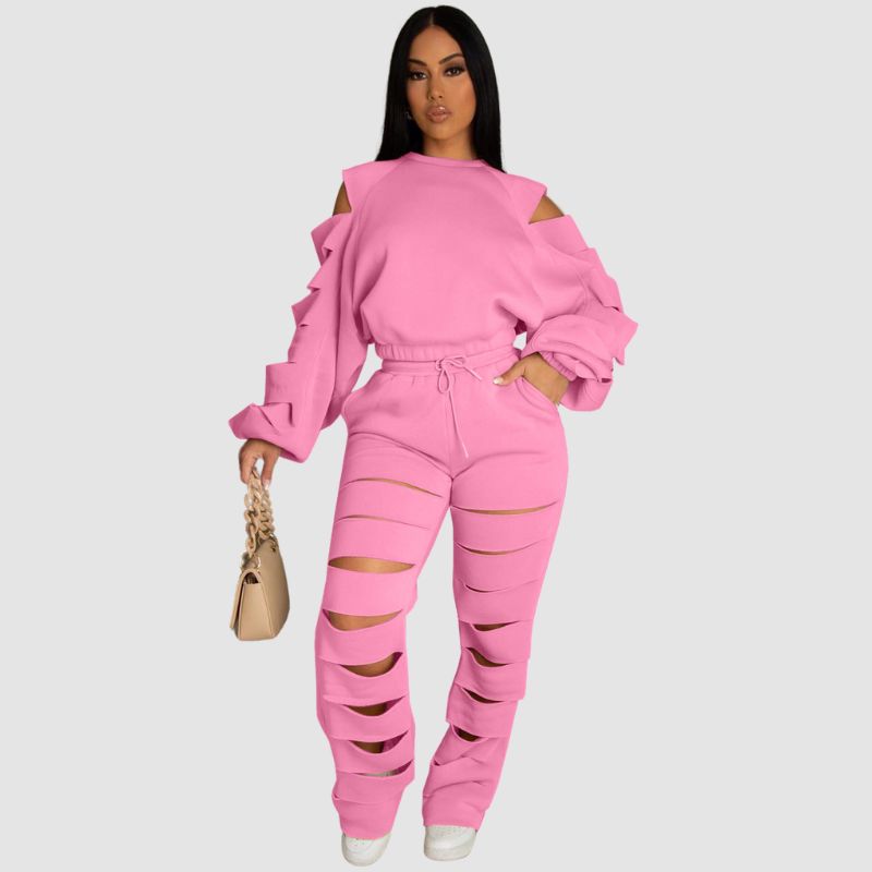 Hollow Out Design Pant Set Black / 2XL