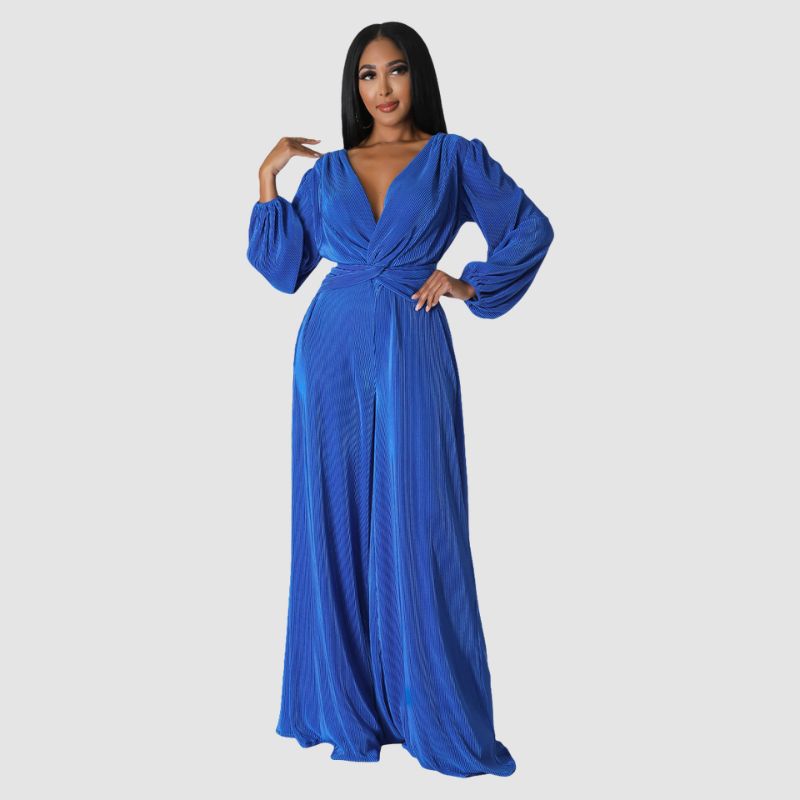 Pleated Long Sleeve Jumpsuits Blue / S