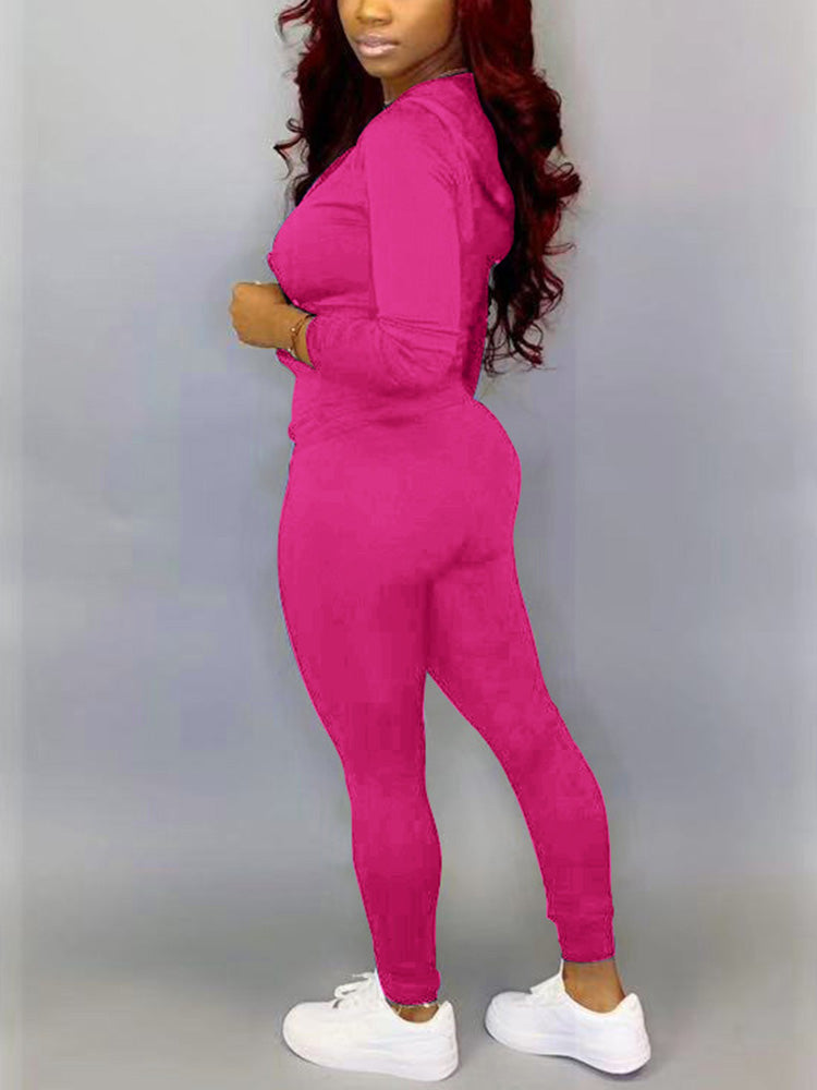 Hooded Zipper Solid Set Pink / M