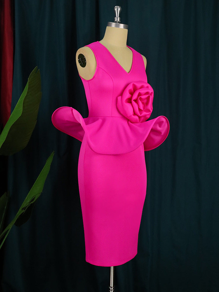 Flower Ruffle Party Dress Rose / 4XL