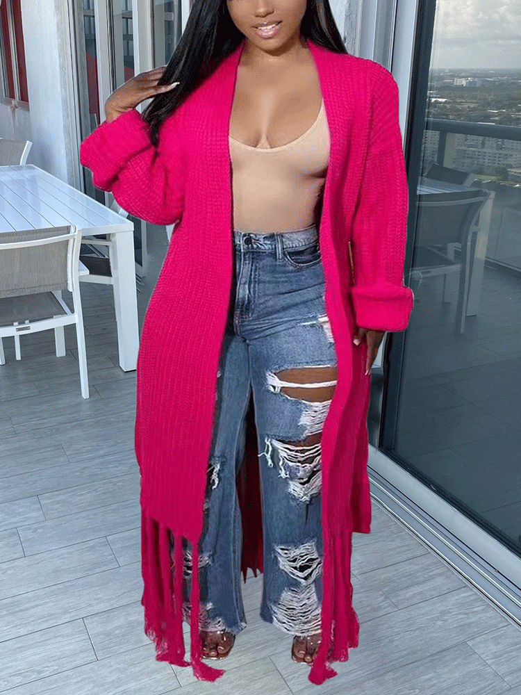 Knit Tassels With Belt Cardigan Wine Red / L