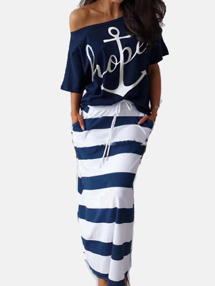 Print Off Shoulder Striped Skirt Set White / 3XL