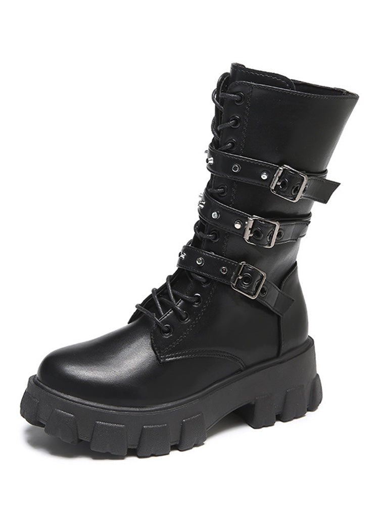 Eyelet Buckled Zipper Platform Boots Black / 6