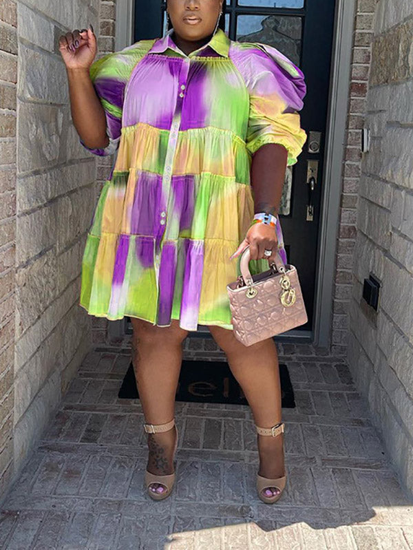 Tie Dye Ruffled Shirt Dress Purple Blue / 2XL