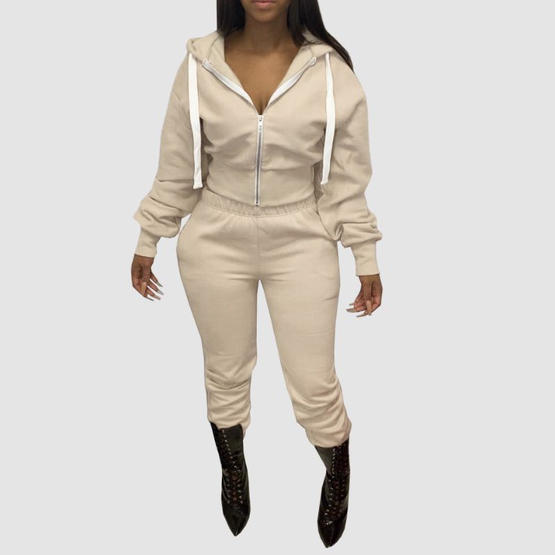 Solid Color Zip Hoodies Pant Set Black / S