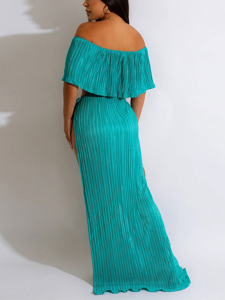 Off Shoulder Top Split Skirt Blue / M