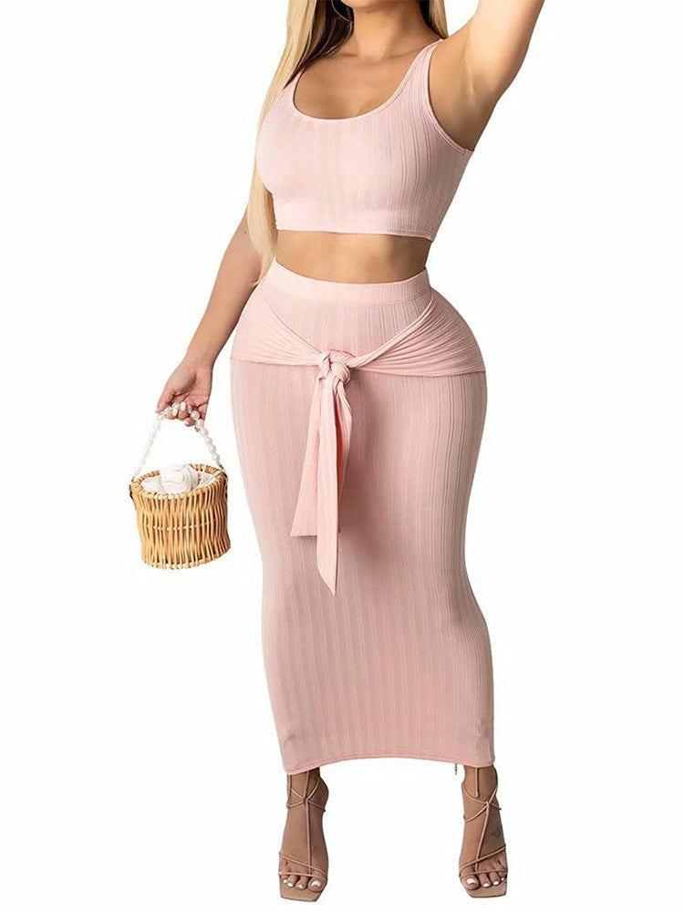 Tank Top & Tie Up Skirt Light Pink / S
