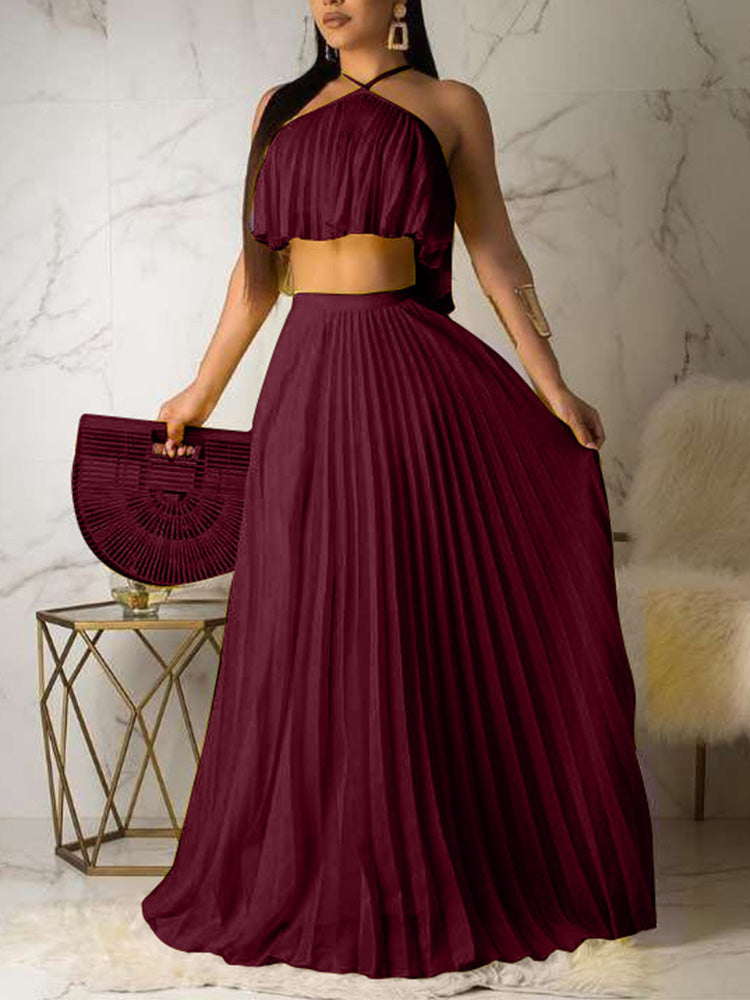 Chiffon Pleated Skirt Set Wine Red / M