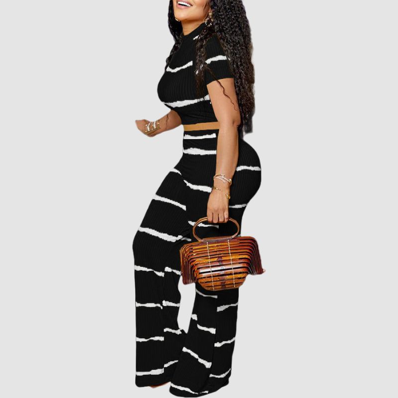 Stripe Printed Ribbed Knit Wide Leg Set Yellow / M