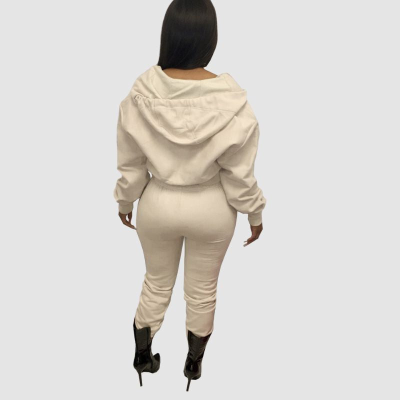 Solid Color Zip Hoodies Pant Set Black / M