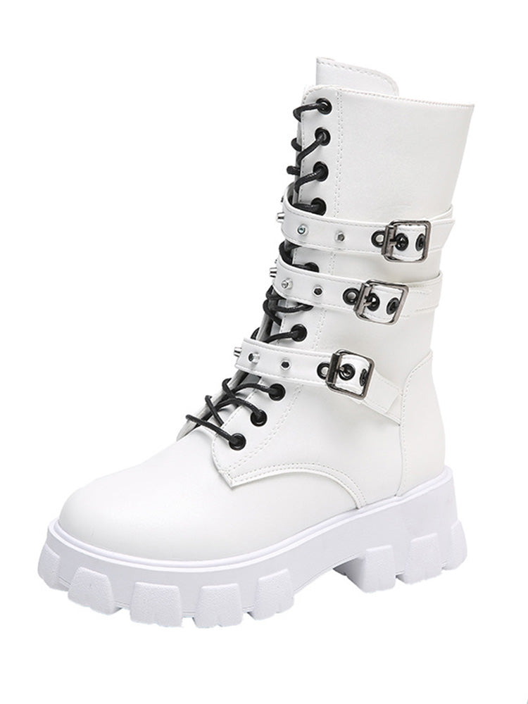 Eyelet Buckled Zipper Platform Boots White / 9/9.5